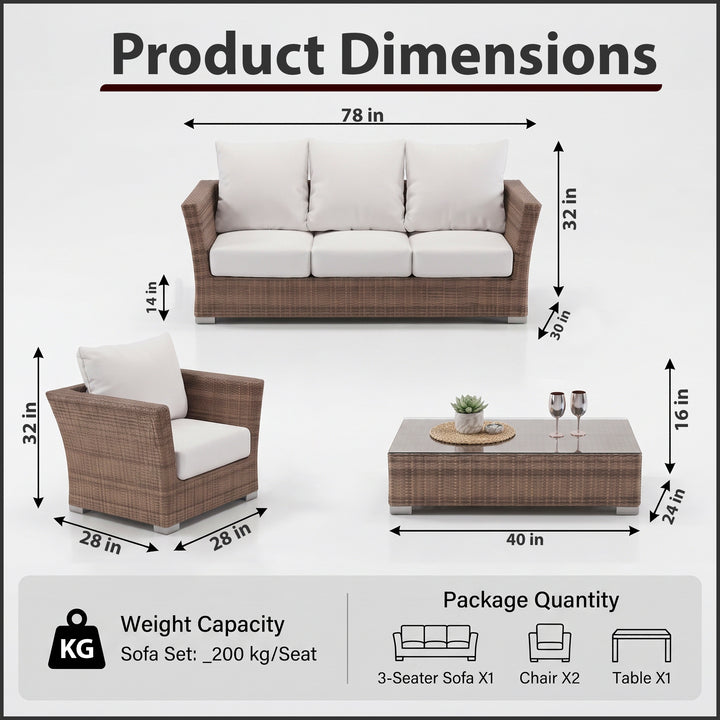 Noelia Outdoor Sofa Set 3 Seater , 2 Single seater and 1 Center Table (Brown + Cream)