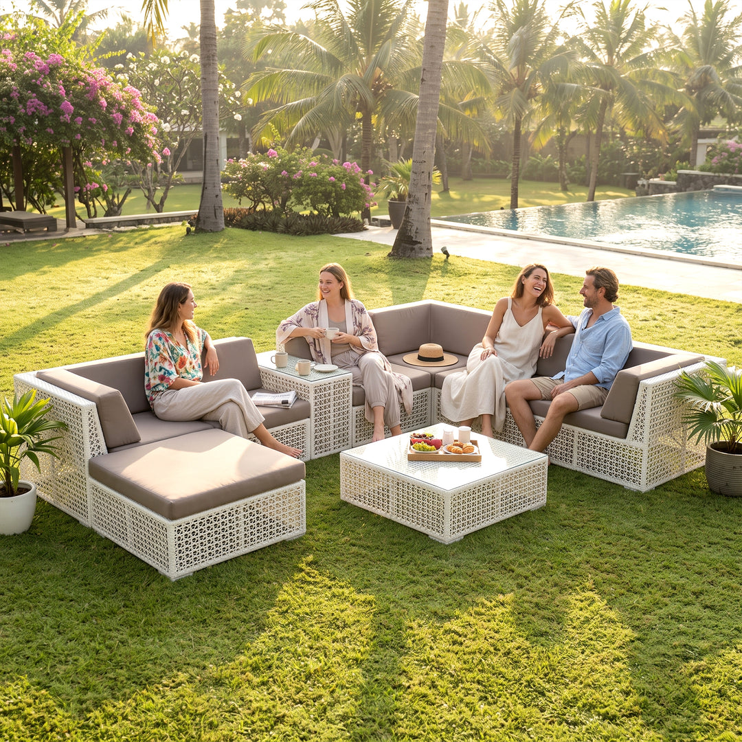 Ludovica Outdoor Patio Sofa Set 6 Seater , 1 Footstool , 1 Side table and 1 Center Table (White)