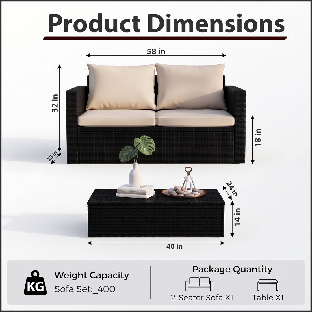 Girolamo Outdoor Sofa Set 2 Seater and 1 Center Table (Black + Beige)
