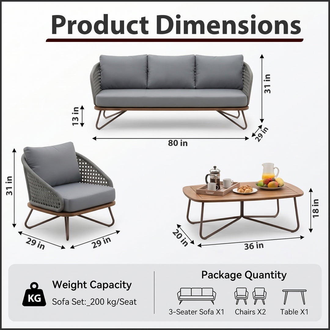 Marcela Outdoor Sofa Set 3 Seater, 2 Single seater and 1 Center Table Set (Grey) Braided & Rope
