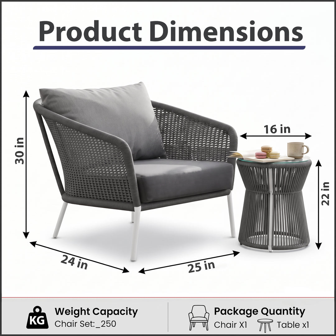 Aid Outdoor Patio Seating Set Single Chair and 1 Side Table Set (Grey) Braided & Rope