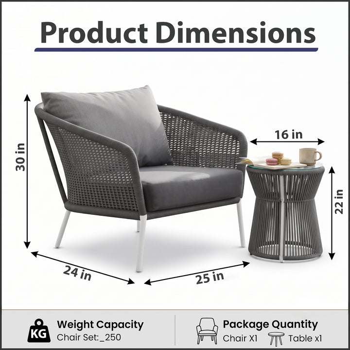 Aid Outdoor Patio Seating Set Single Chair and 1 Side Table Set (Grey) Braided & Rope