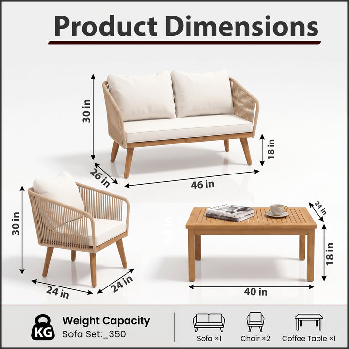 Eolia Outdoor Garden Balcony Sofa Set 2 Seater , 2 Single Seater 1 Center Table Set (Cream) Teak Wood and Braided & Rope