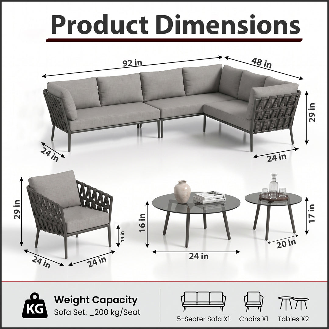 Magnus Outdoor Sofa Set 5 Seater, 1 Single seater and 2 Center Table Set (Dark Grey) Braided & Rope