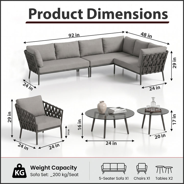 Magnus Outdoor Sofa Set 5 Seater, 1 Single seater and 2 Center Table Set (Dark Grey) Braided & Rope