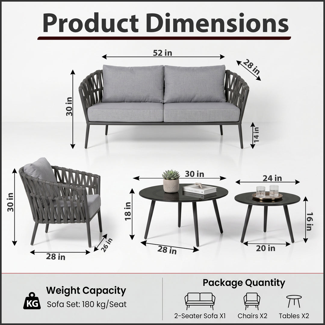Legion Outdoor Sofa Set 2 Seater , 2 Single seater and 2 Center Table Set (Dark Grey) Braided & Rope
