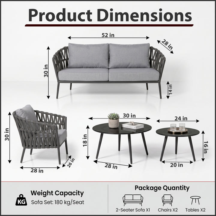 Legion Outdoor Sofa Set 2 Seater , 2 Single seater and 2 Center Table Set (Dark Grey) Braided & Rope