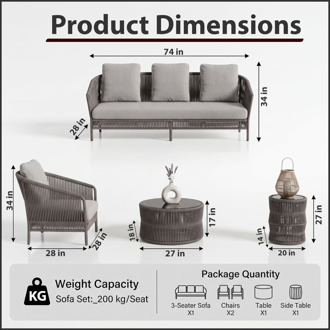 Madaki Outdoor Garden Balcony Sofa Set 3 Seater , 2 Single Seater and 1 Center Table & 1 Side Table Set, Braid & Rope (Grey)