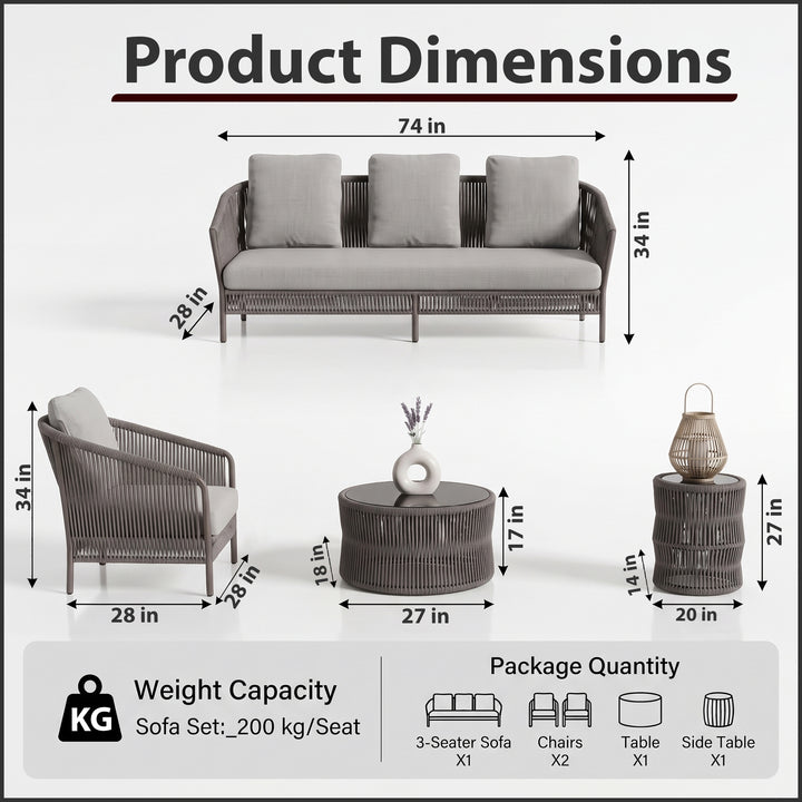 Madaki Outdoor Garden Balcony Sofa Set 3 Seater , 2 Single Seater and 1 Center Table & 1 Side Table Set, Braid & Rope (Grey)