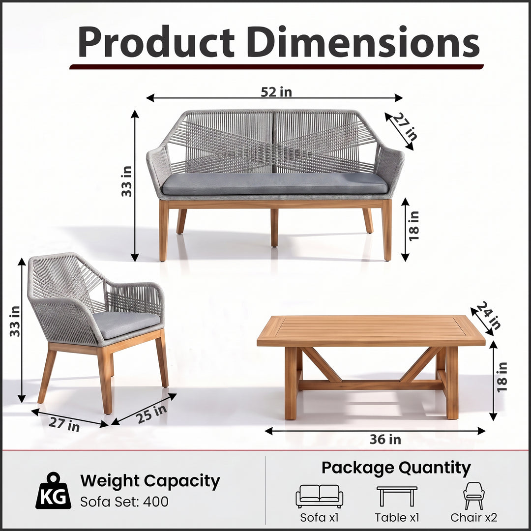 Zoa Outdoor Garden Balcony Sofa Set 2 Seater , 2 Single Seater 1 Center Table Set (Grey) Braided and Rope