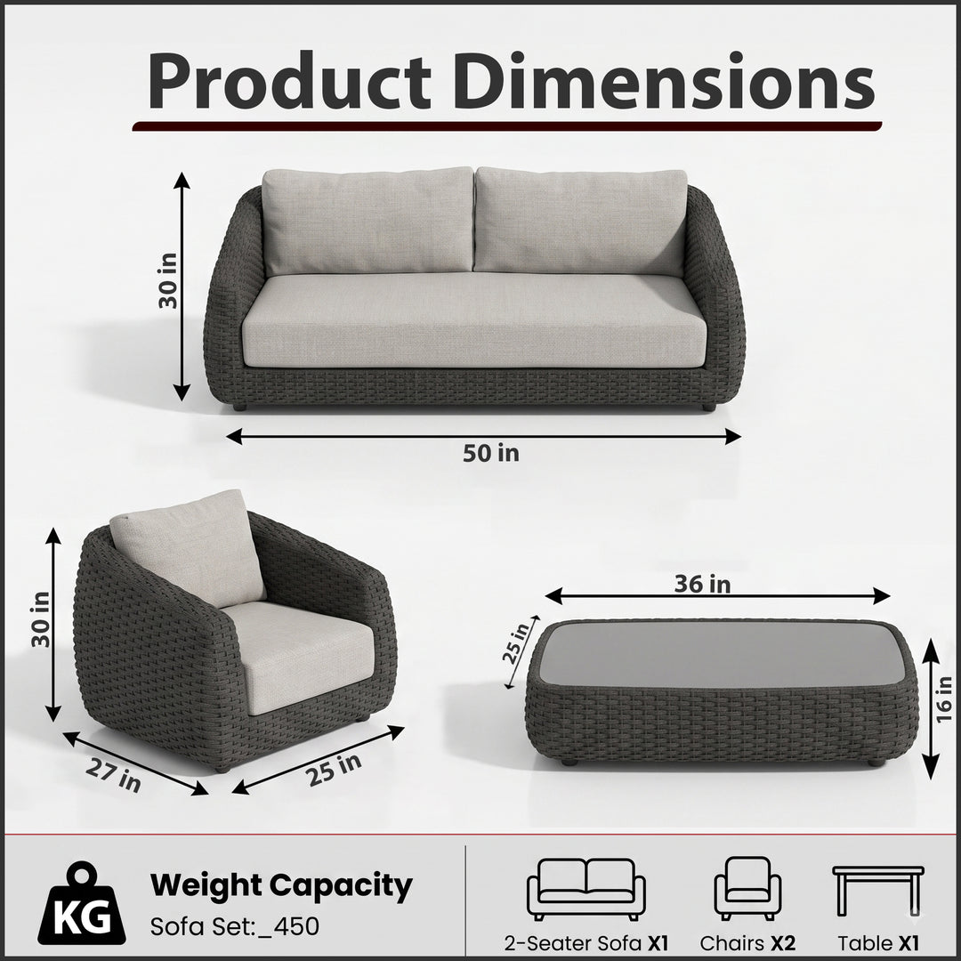 Deskoy Outdoor Garden Balcony Sofa Set 2 Seater, 2 Single seater and 1 Center Table Set, Braid & Rope (Black)