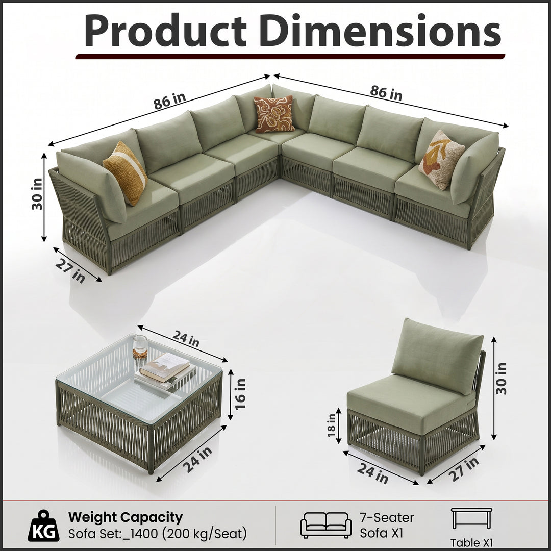 Deifilia Outdoor Sofa Set 7 Seater and 2 Center Table Set (Green) Braided & Rope