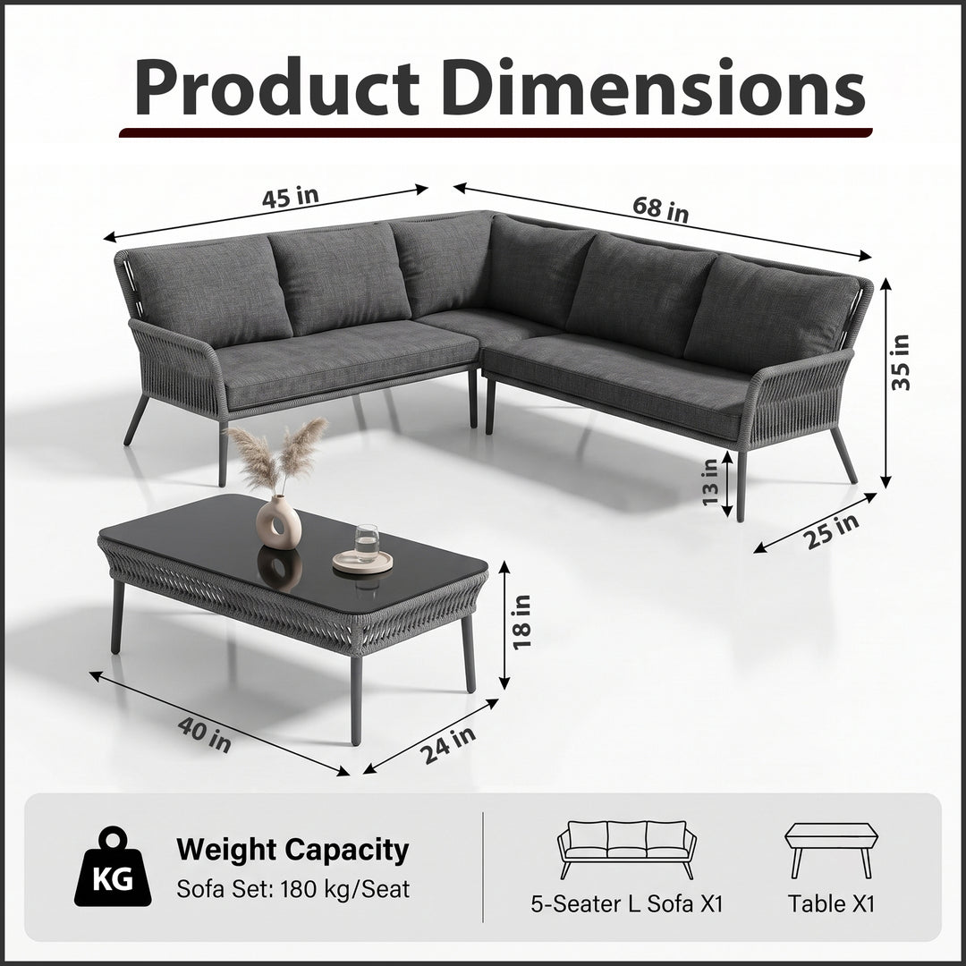 Mitya Outdoor Garden Balcony Sofa Set  5 Seater and 1 Center Table Set, Braid & Rope (Dark + Grey)