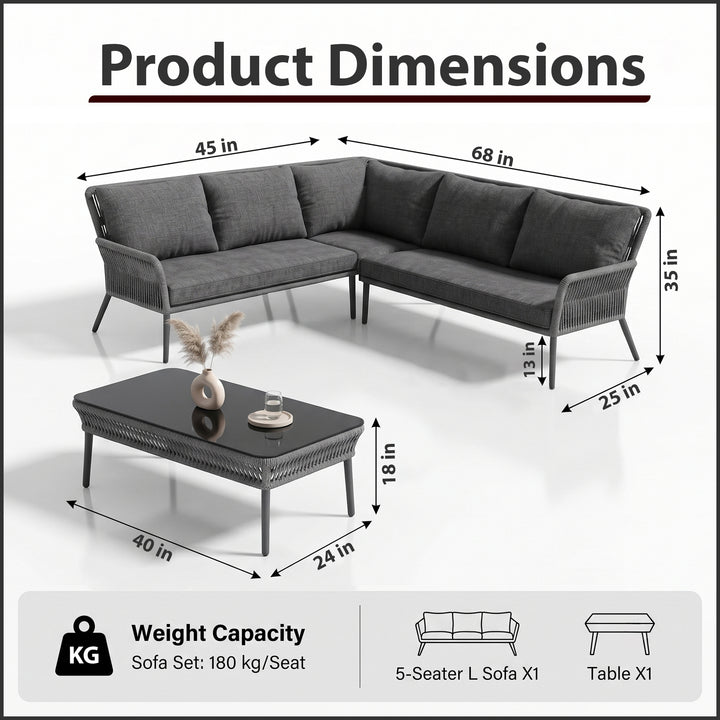 Mitya Outdoor Garden Balcony Sofa Set  5 Seater and 1 Center Table Set, Braid & Rope (Dark + Grey)