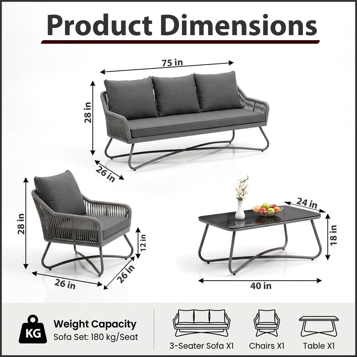 Kismet Outdoor Sofa Set 3 Seater, 2 Single seater and 1 Center Table (Grey) Braided & Rope