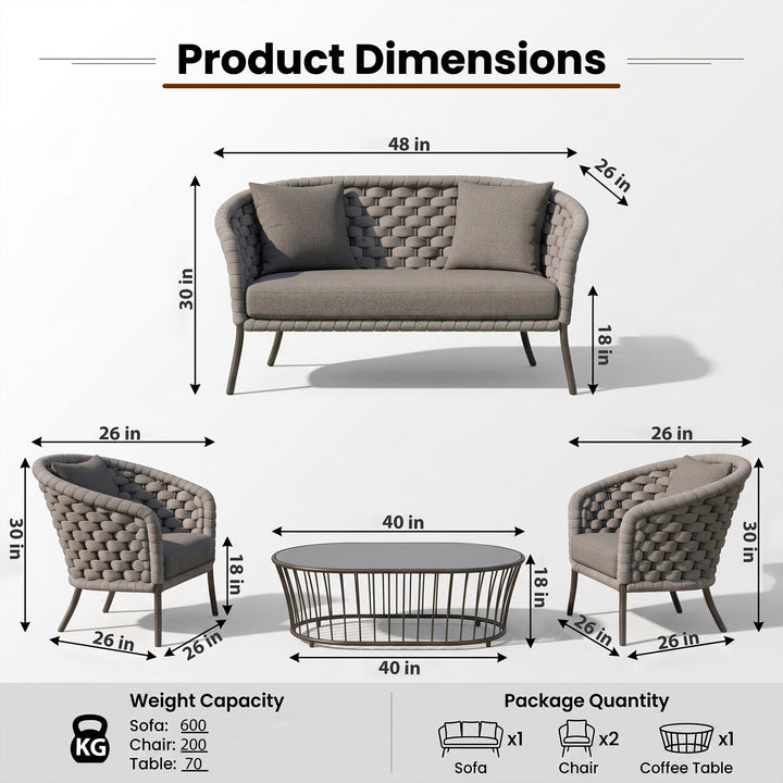 Aero Outdoor Garden Balcony Sofa Set 2 Seater , 2 Single Seater 1 Center Table Set (Grey) Braided and Rope