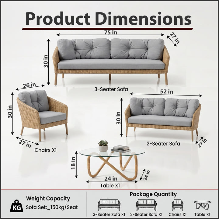 Luigi Outdoor Patio Sofa Set 3 Seater, 2 Seater 1 Single Seater and 1 Center Table  (Brown)