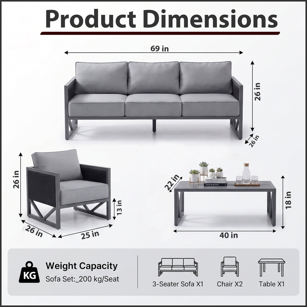 Myriad Outdoor Sofa Set 3 Seater , 2 Single seater and 1 Center Table Set (Black + Grey)