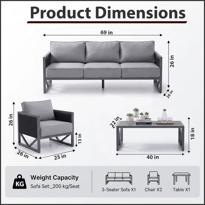 Myriad Outdoor Sofa Set 3 Seater , 2 Single seater and 1 Center Table Set (Black + Grey)