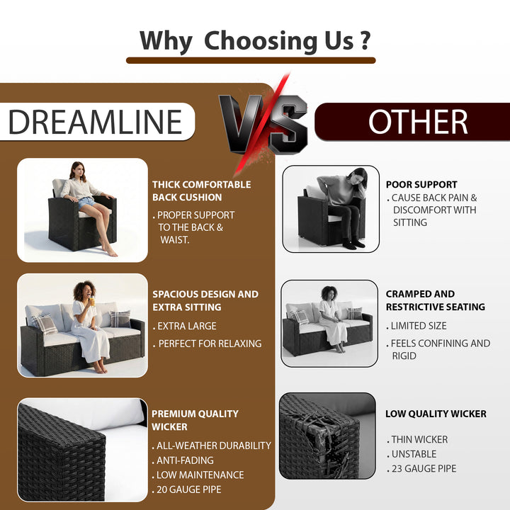 Vibo Outdoor Garden Balcony Sofa Set 3 Seater, 2 Single seater, 2 Ottoman and 1 Center Table Conversation Set (Black)