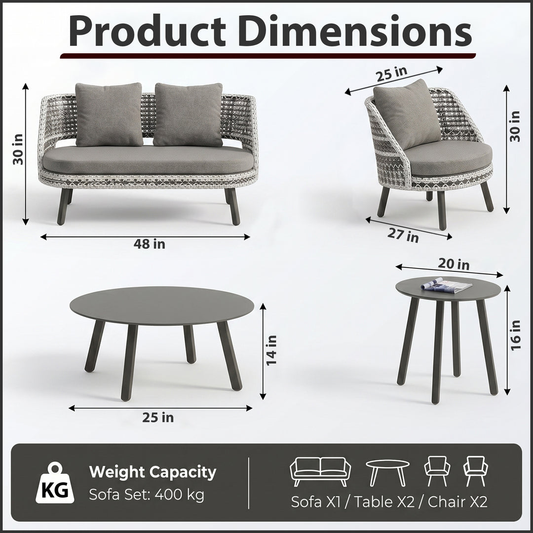 Bufil Outdoor Garden Balcony Sofa Set 2 Seater,2 Single seater and 2 Center Table Set (Grey)