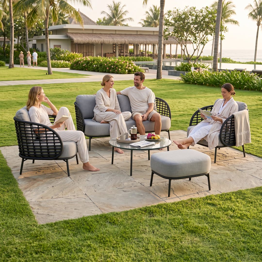 Locator Outdoor Sofa Set 2 Seater, 2 Single seater with ottoman and 1 Center Table Set (Dark Grey) Braided & Rope