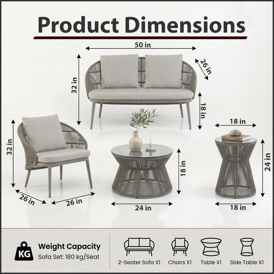 Juanito Outdoor Sofa Set 2 Seater, 1 Single Seater, 1 Side Table and 1 Center Table Set (Grey) Braided & Rope