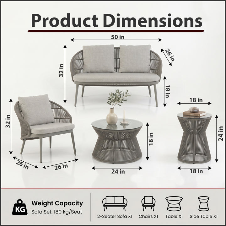 Juanito Outdoor Sofa Set 2 Seater, 1 Single Seater, 1 Side Table and 1 Center Table Set (Grey) Braided & Rope