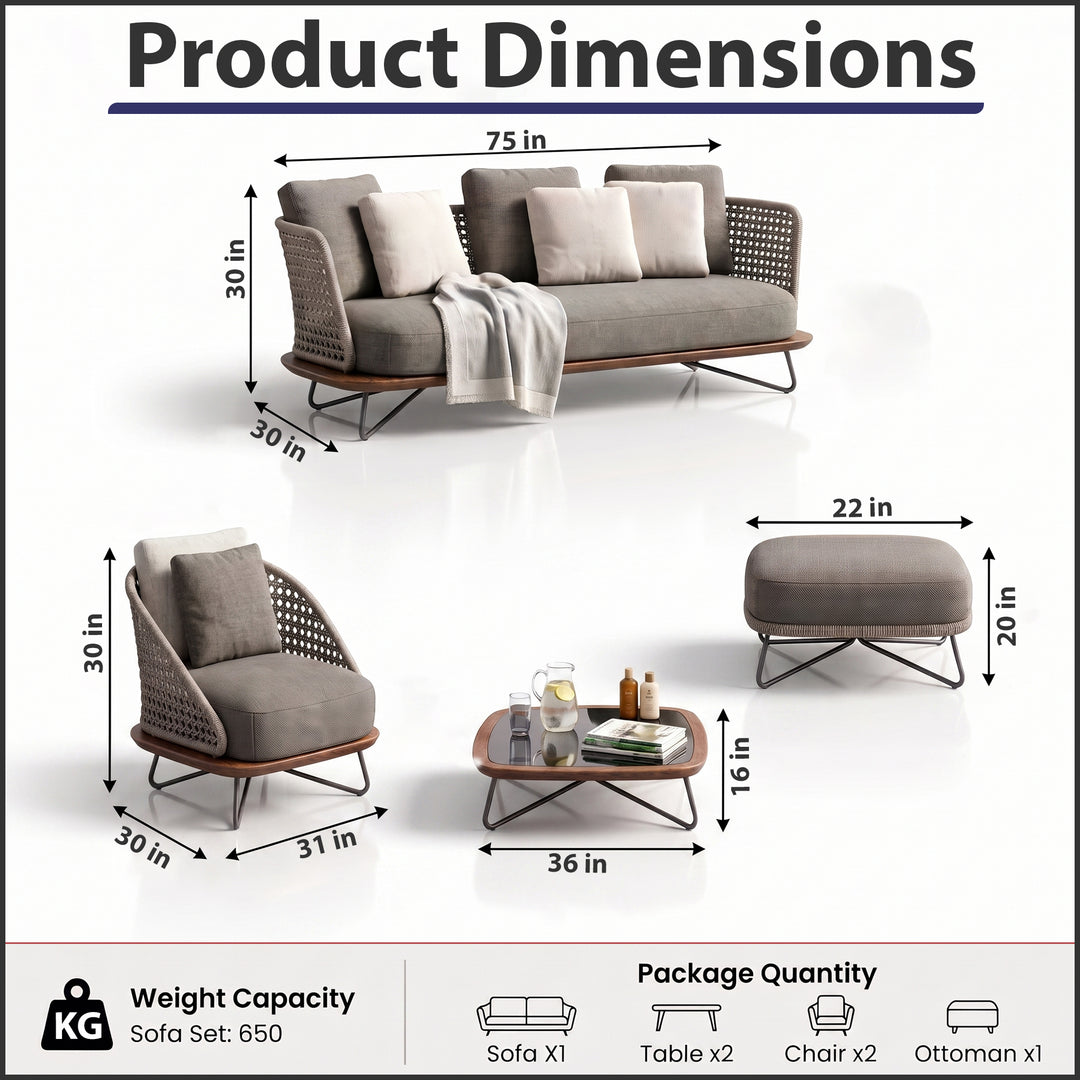Alano Outdoor Garden Balcony Sofa Set 3 Seater, 2 Single Seater 1 Ottoman and 1 Center Table Set Braid & Rope (Grey)