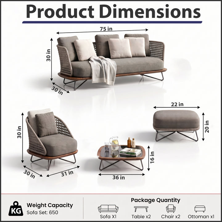 Alano Outdoor Garden Balcony Sofa Set 3 Seater, 2 Single Seater 1 Ottoman and 1 Center Table Set Braid & Rope (Grey)