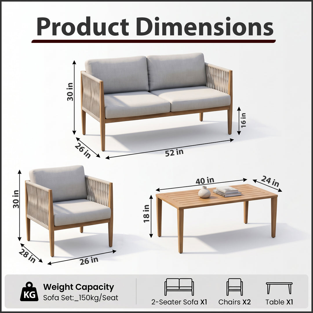 Luna Outdoor Garden Balcony Sofa Set 2 Seater , 2 Single Seater 1 Center Table Set (Grey) Braided and Rope