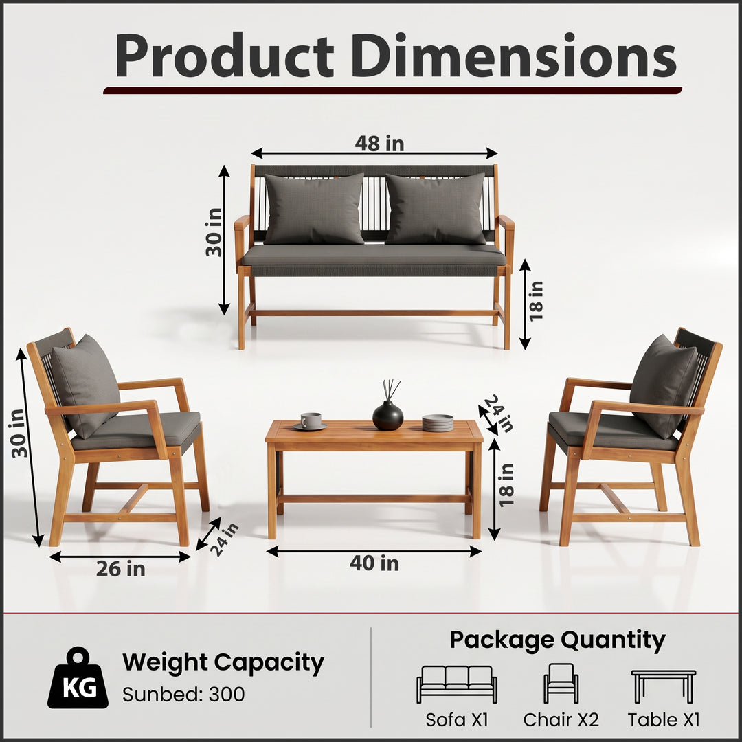 Folk Outdoor Garden Balcony Sofa Set 2 Seater , 2 Single Seater 1 Center Table Set (Black) Braided and Rope