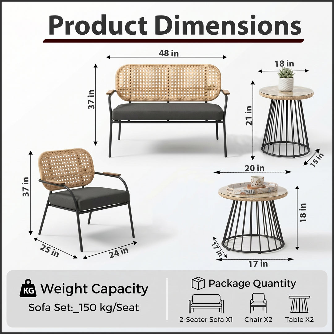Meta Outdoor Garden Balcony Sofa Set 2 Seater , 2 Single seater , 1 side table and 1 Center Table  Set (Honey + Grey)