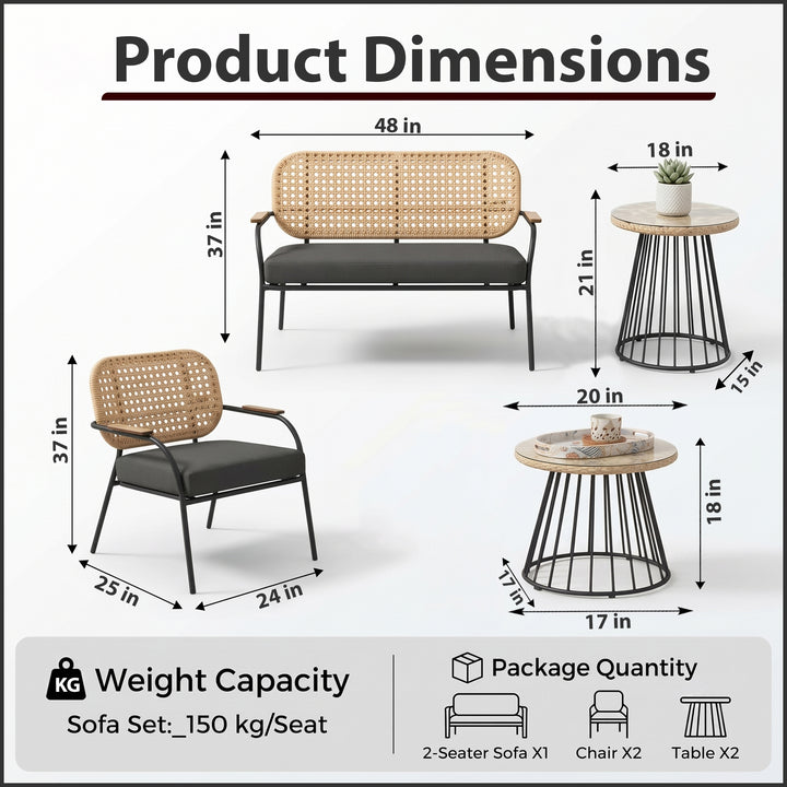 Meta Outdoor Garden Balcony Sofa Set 2 Seater , 2 Single seater , 1 side table and 1 Center Table  Set (Honey + Grey)