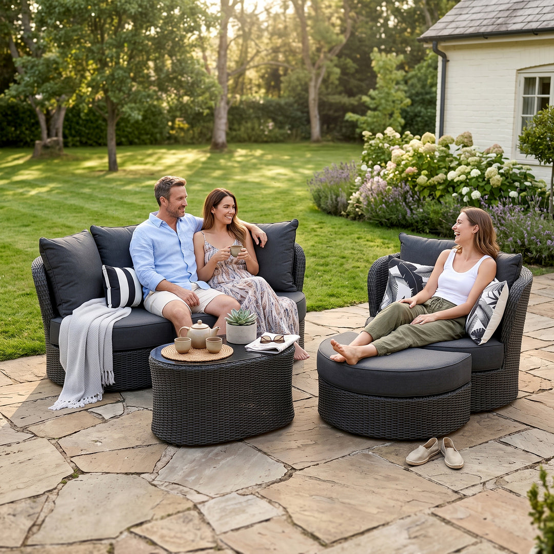 Comox Outdoor Garden Balcony Sofa Set 2 Seater, Single seater and 1 Center Table with Ottoman Set (Black)