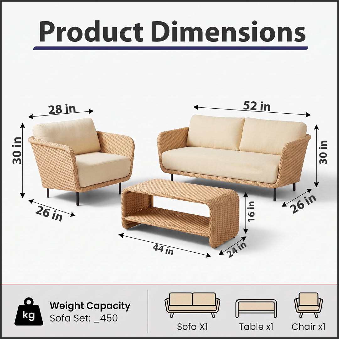 Alanna Outdoor Sofa Set 2 Seater, 1 Single seater and 1 Center Table (Light Brown)
