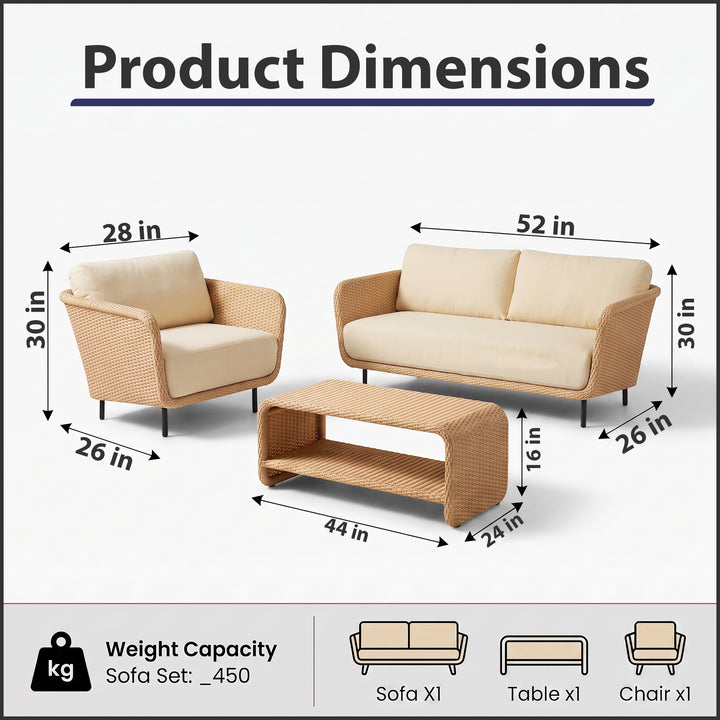 Alanna Outdoor Sofa Set 2 Seater, 1 Single seater and 1 Center Table (Light Brown)
