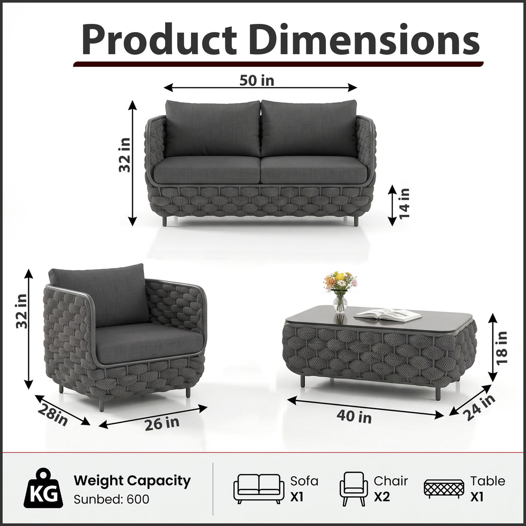 Fepel Outdoor Garden Balcony Sofa Set 2 Seater, 2 Single seater and 1 Center Table Set, Braid & Rope