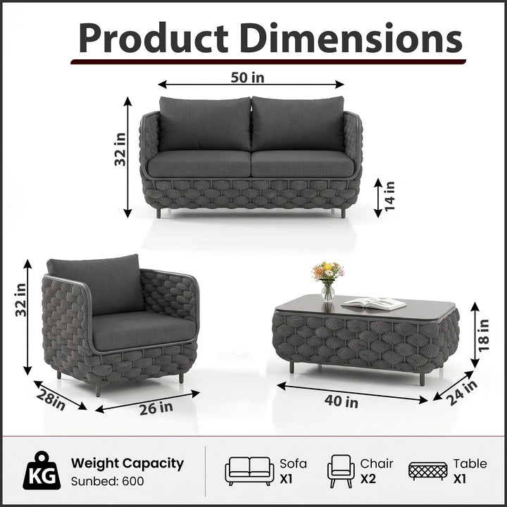 Fepel Outdoor Garden Balcony Sofa Set 2 Seater, 2 Single seater and 1 Center Table Set, Braid & Rope