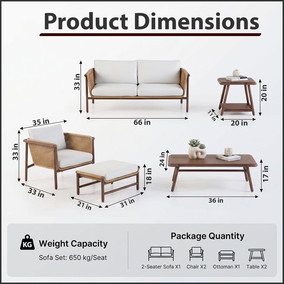 Zamioma Outdoor Garden Balcony Sofa Set 2 Seater, 2 Single seater, 1 Ottoman, 1 Coffee Table and 1 Side Table Conversation Set (Honey)