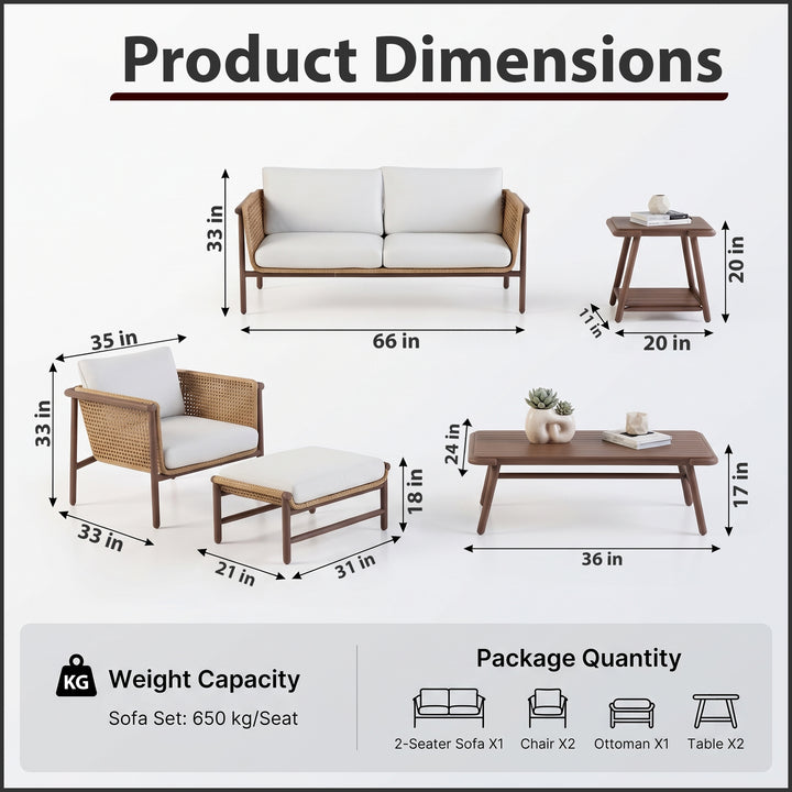 Zamioma Outdoor Garden Balcony Sofa Set 2 Seater, 2 Single seater, 1 Ottoman, 1 Coffee Table and 1 Side Table Conversation Set (Honey)