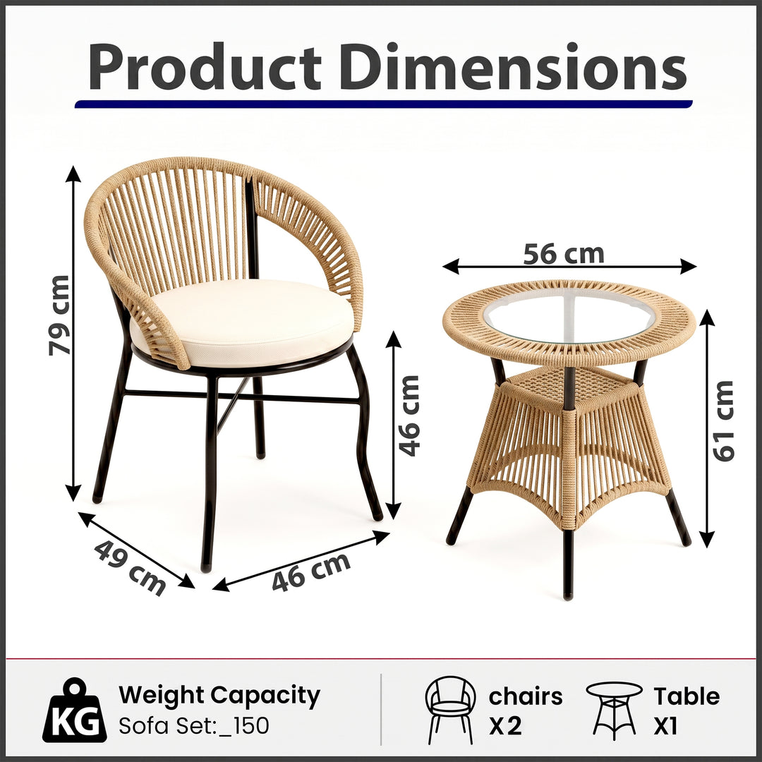 Sedan Outdoor Patio Seating Set 2 Chairs and 1 Table Set Braided & Rope