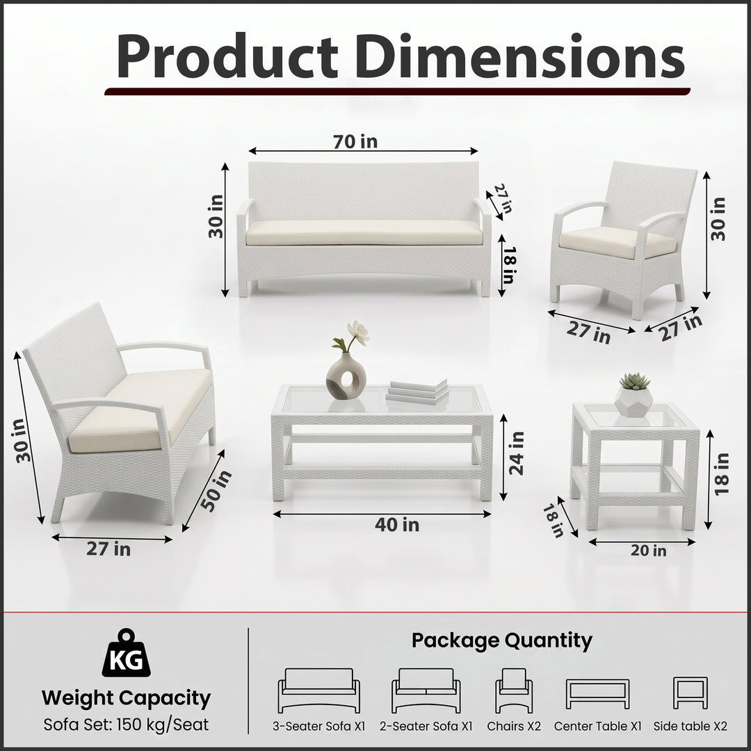 Hudson Outdoor Garden Balcony Sofa Set 3 Seater, 2 Seater With 2 Single Seater and 1 Center Table With 1 Side Table Set (White)