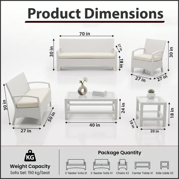 Hudson Outdoor Garden Balcony Sofa Set 3 Seater, 2 Seater With 2 Single Seater and 1 Center Table With 1 Side Table Set (White)