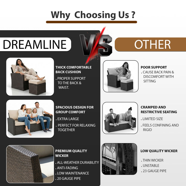 Umile Outdoor Garden Balcony Sofa Set 3 Seater, 2 Single seater, 2 Ottoman and 1 Center Table Conversation Set (Brown)