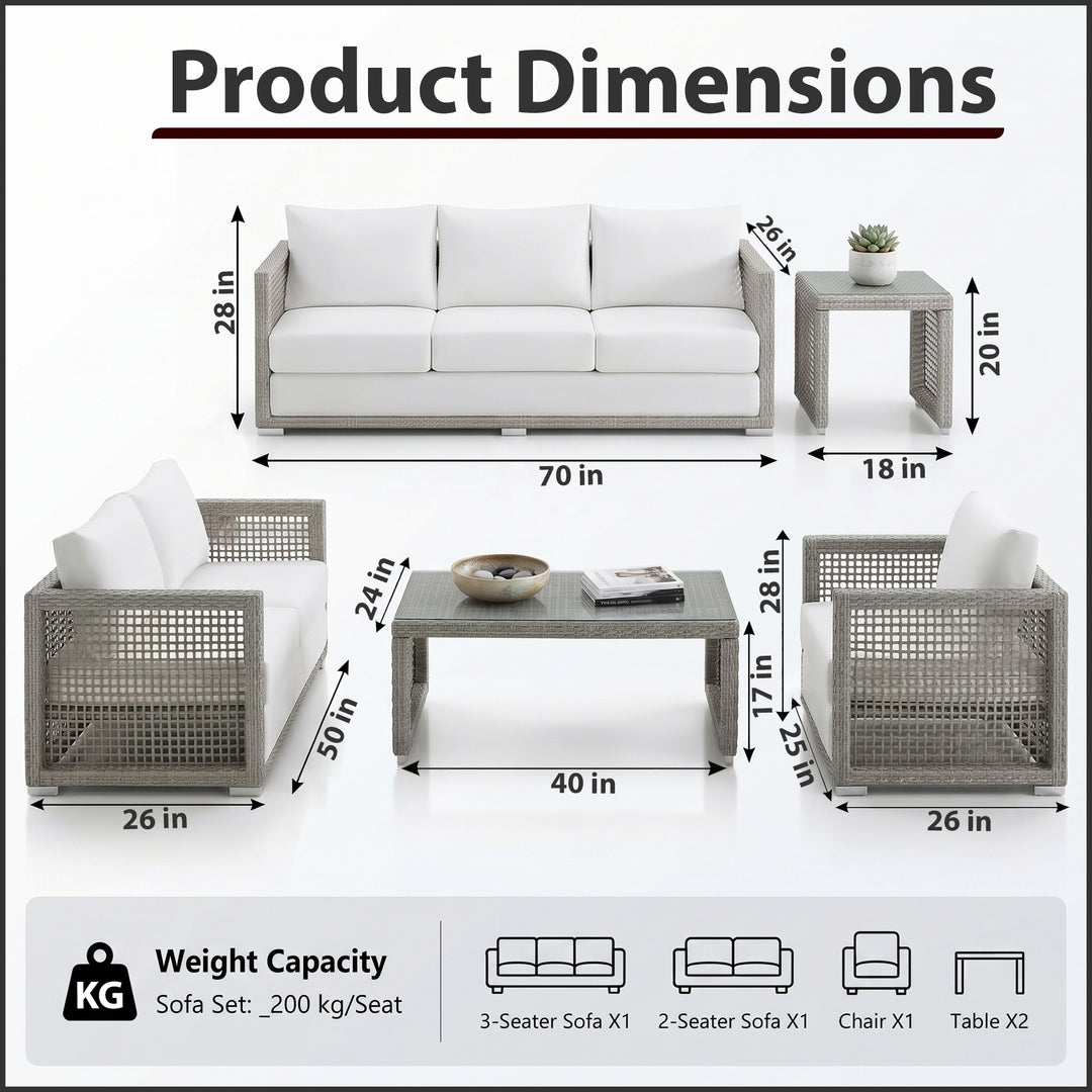 Malvolio Outdoor Set  1 Triple Seater, 1 Double Seater, 1 Single Seater, 2 Side table and 1 Center Table (Grey)