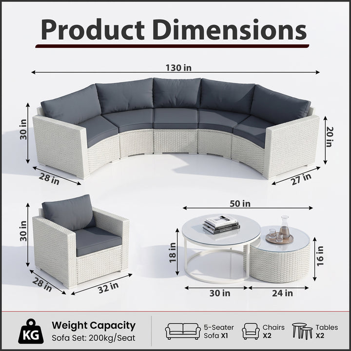 Leone  Outdoor Sofa Set 7 Seater and  2 Tables (White + Grey)