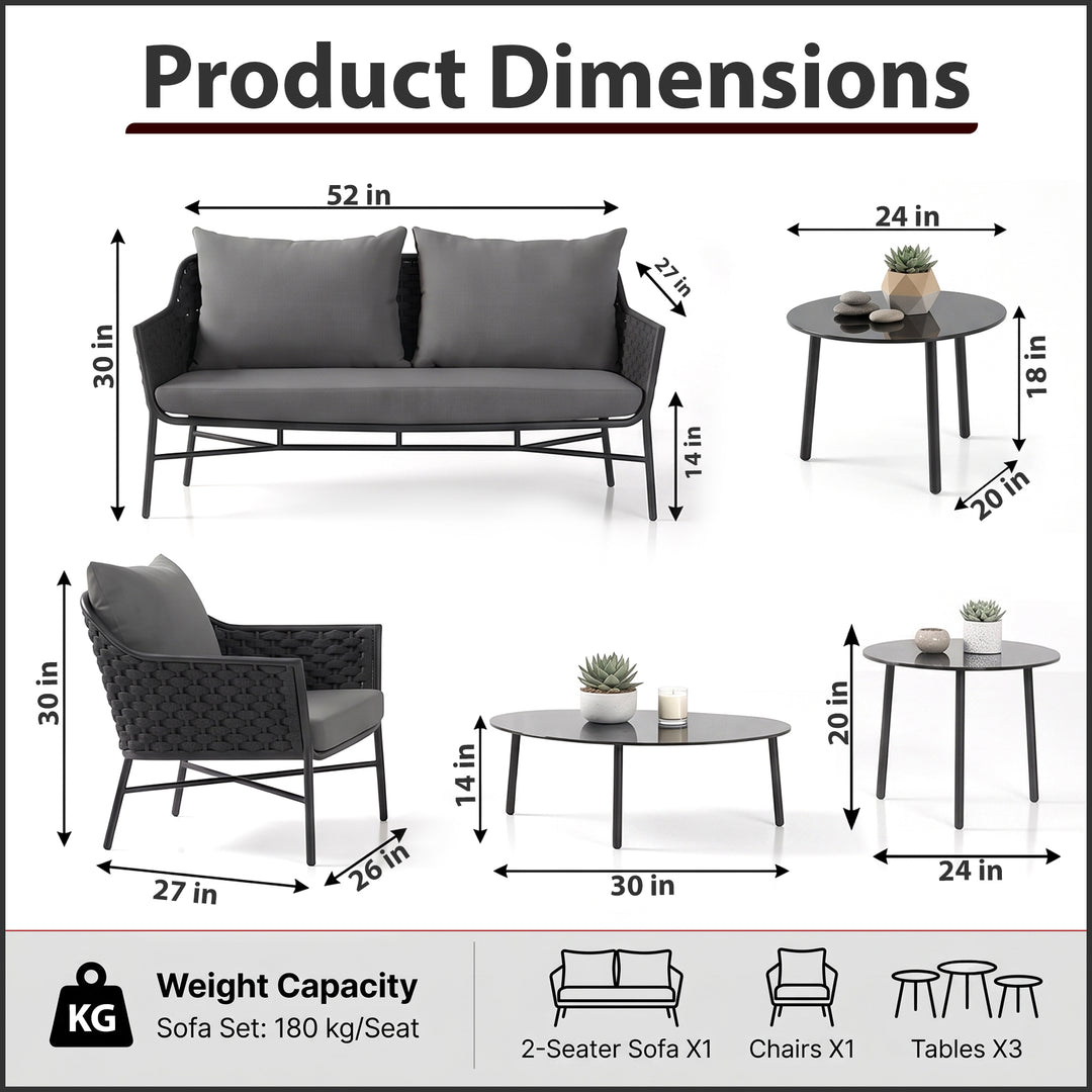 Lettiere Outdoor Garden Balcony Sofa Set 2 Seater, 2 Single Seater and 3 Tables Set (Grey)