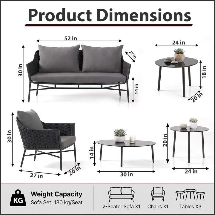 Lettiere Outdoor Garden Balcony Sofa Set 2 Seater, 2 Single Seater and 3 Tables Set (Grey)