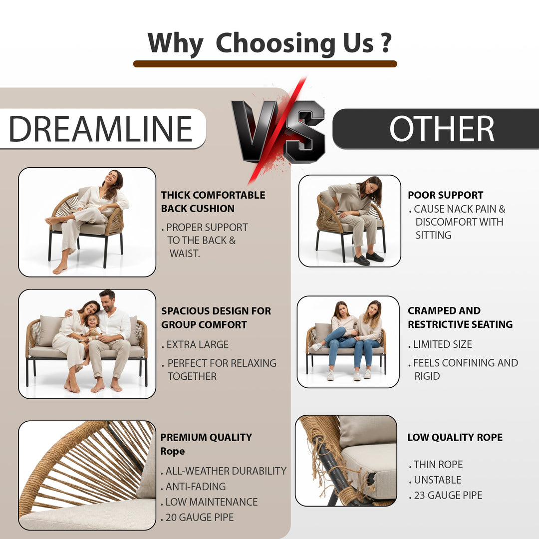 Willa Outdoor Sofa Set 2 Seater , 2 Single seater and 1 Center Table Set (Beige) Braided & Rope